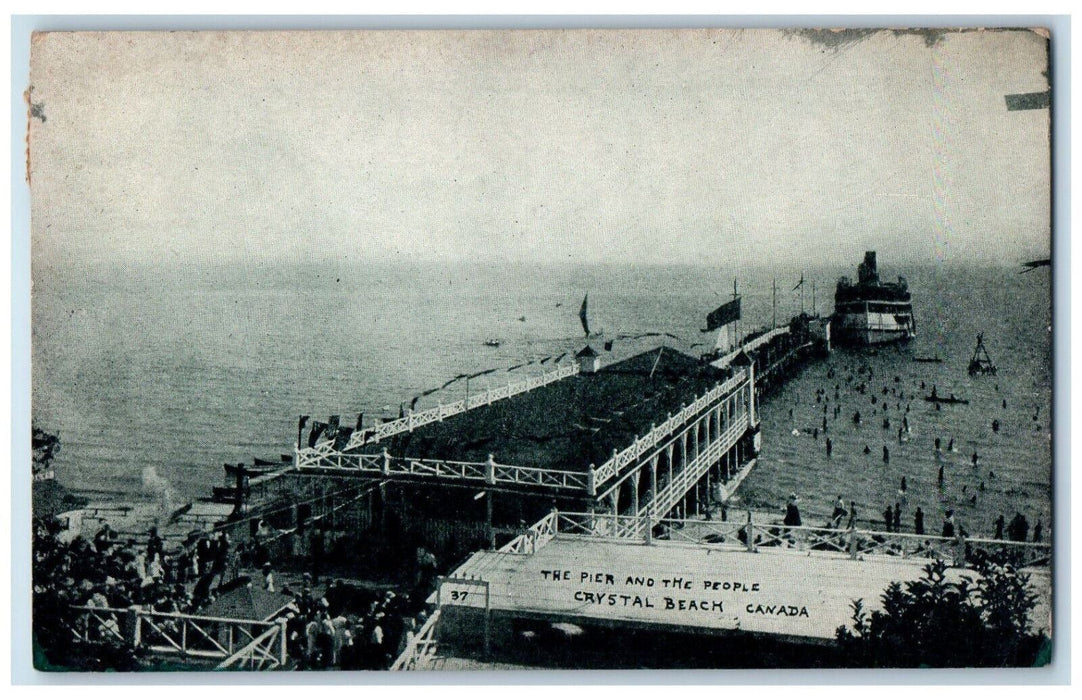 1912 The Pier and The People, Steamer, Crystal Beach Canada Antique Postcard