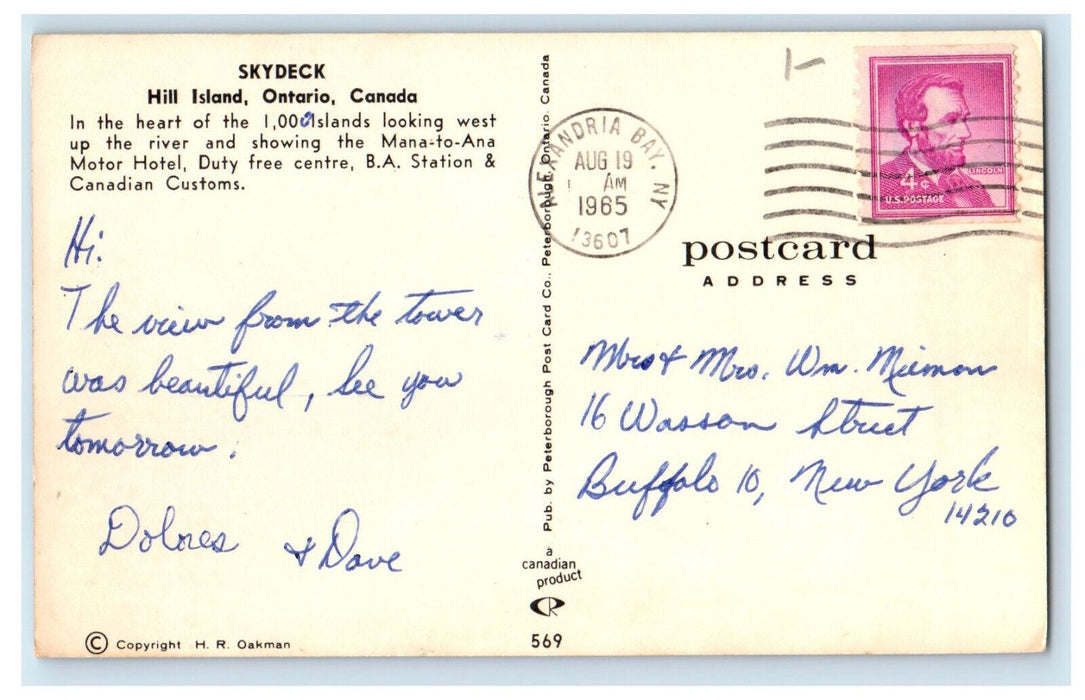 1965 Mana-To-Ana Motor Hotel, Sky Deck Hill Island Ontario Canada Postcard