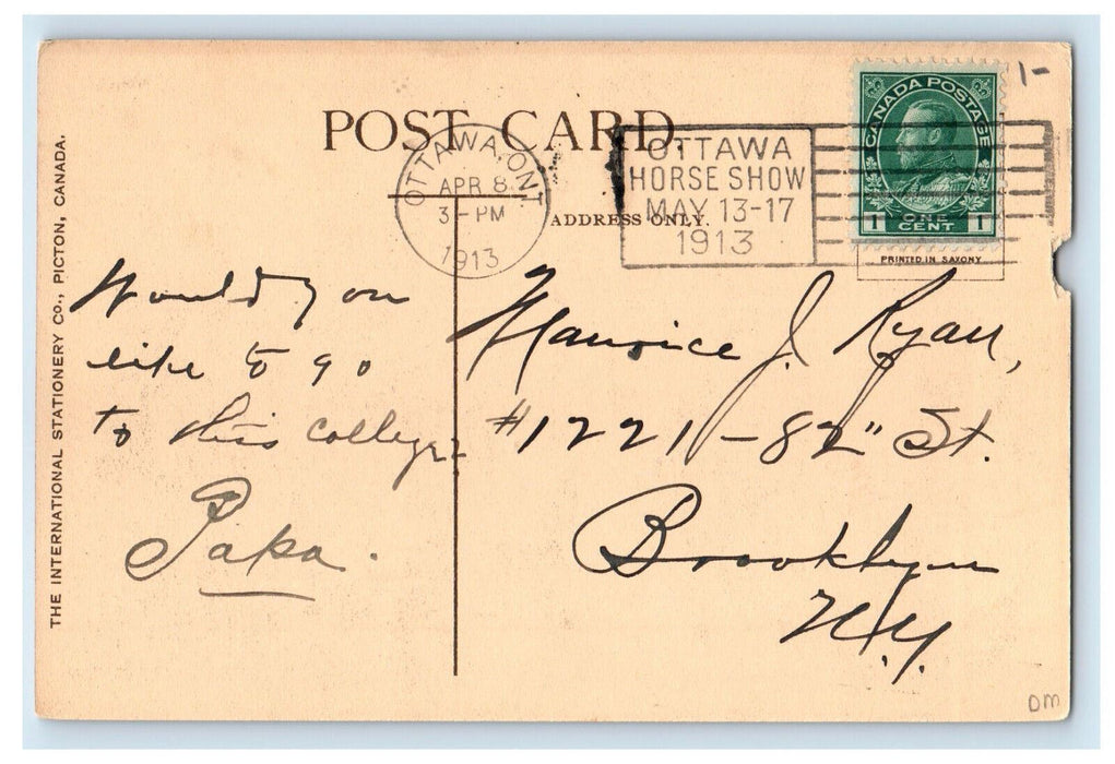 1913 Front View of University of Ottawa Canada Posted Antique Postcard