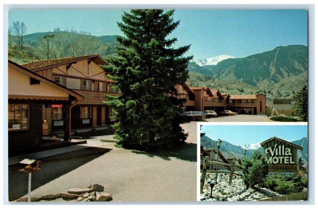 View Of Villa Motel Cars Exterior Scene Manitou Springs Colorado CO Postcard