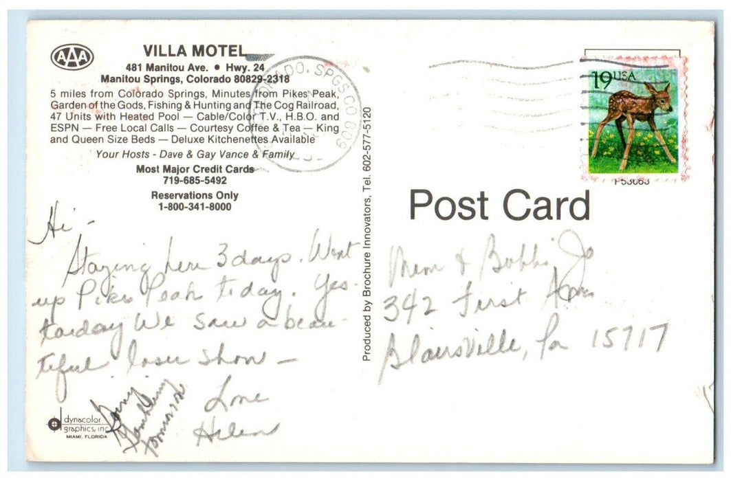 View Of Villa Motel Cars Exterior Scene Manitou Springs Colorado CO Postcard