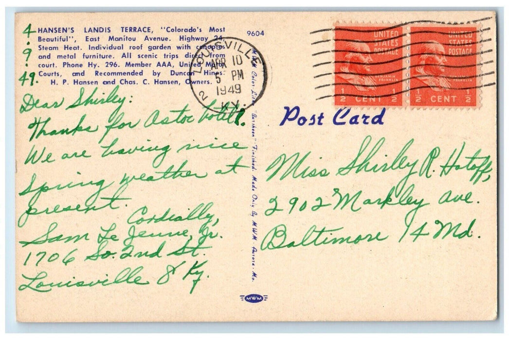 c1949 Hansens Landis Terrace Highway No. 24 Maintou Springs Colorado CO Postcard