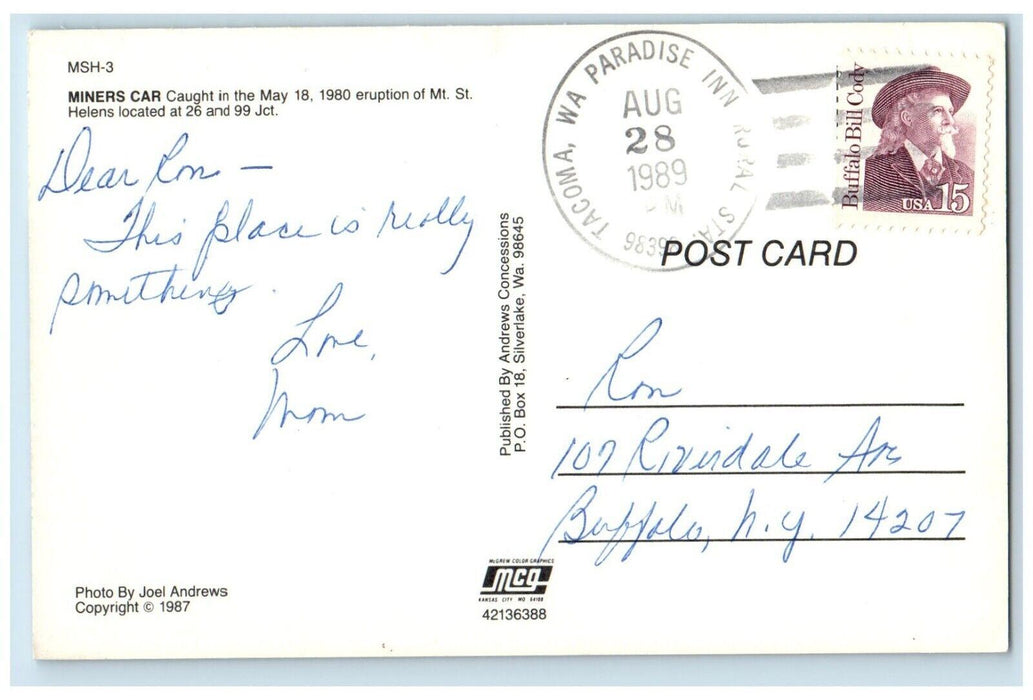 1989 Miners Car Caught MT. ST. Helens Eruption Stratovolcano Tacoma WA Postcard