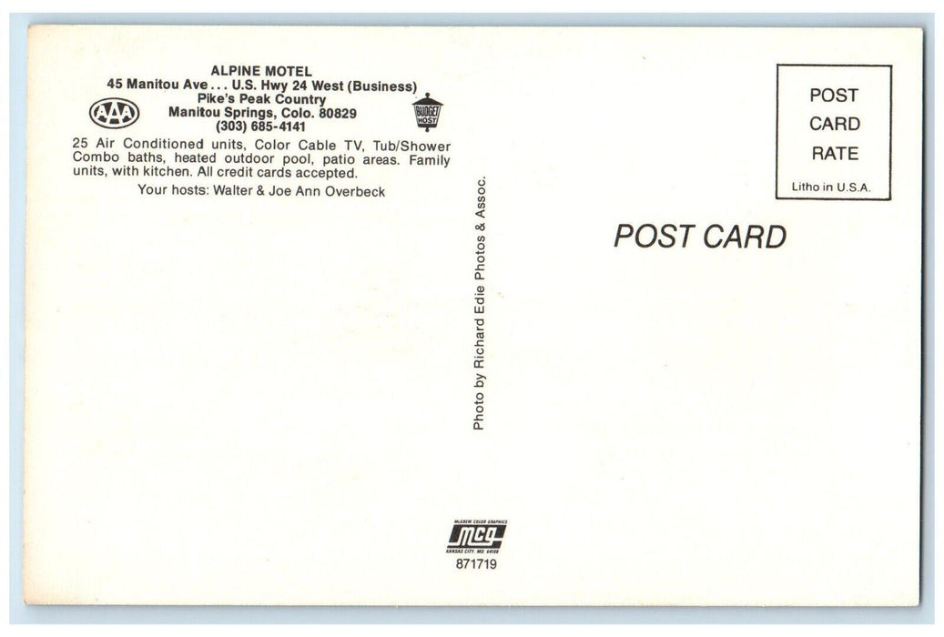 c1960 Alpine Motel 45 Manitou Ave US Hwy West Manitou Springs Colorado Postcard