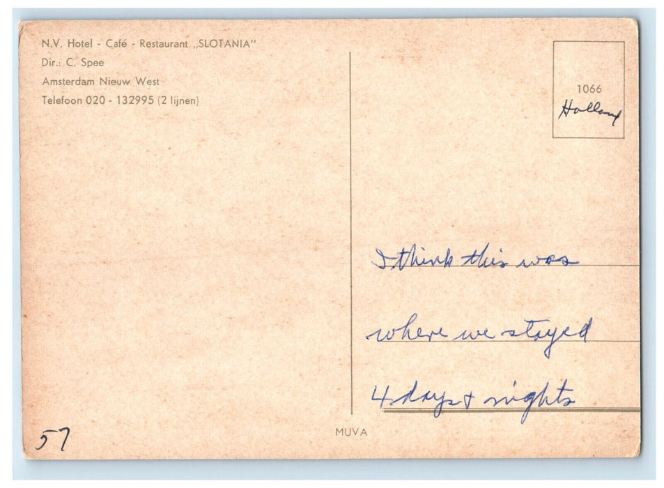 c1960's N.V. Hotel Cafe Restaurant Slotania Amsterdam Netherlands Postcard