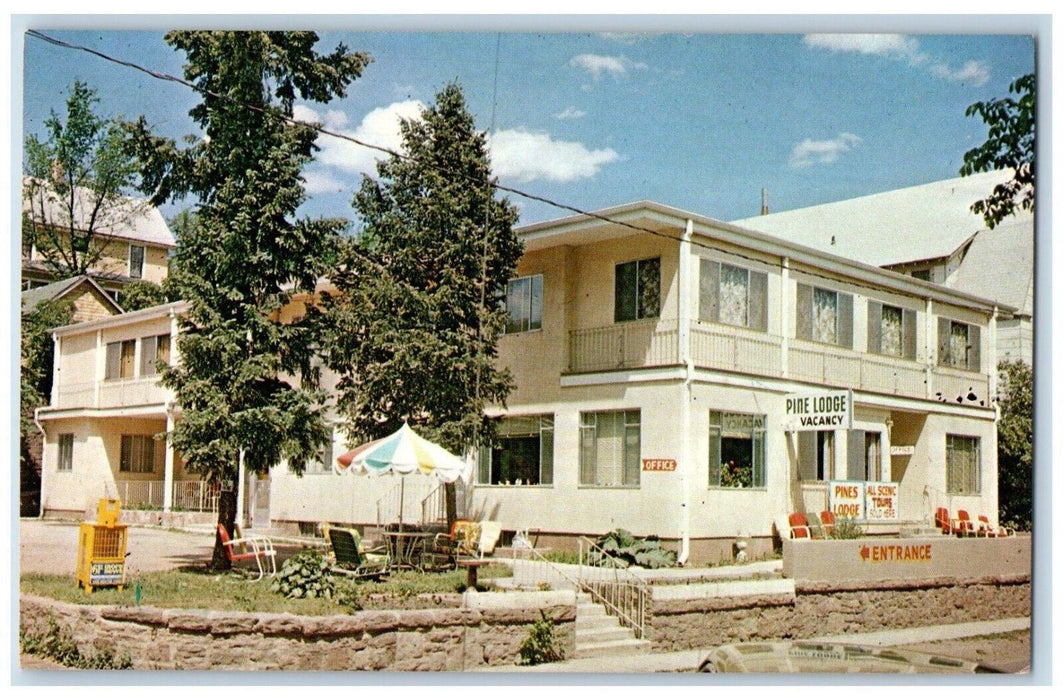 c1960 Pines Lodge 46 Park Avenue Post Downtown Manitou Springs Colorado Postcard