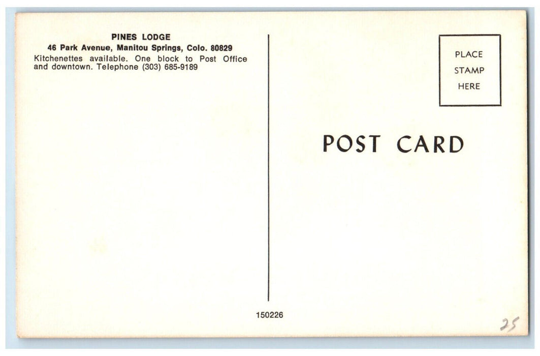 c1960 Pines Lodge 46 Park Avenue Post Downtown Manitou Springs Colorado Postcard