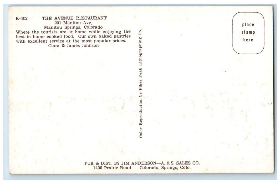 c1960 Avenue Restaurant 201 Manitou Ave. Manitou Springs Colorado CO Postcard