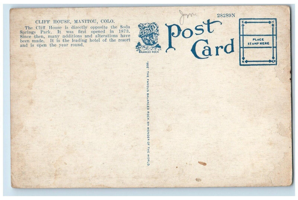 c1910 Cliff House from Soda Springs Park Manitou Colorado CO Antique Postcard