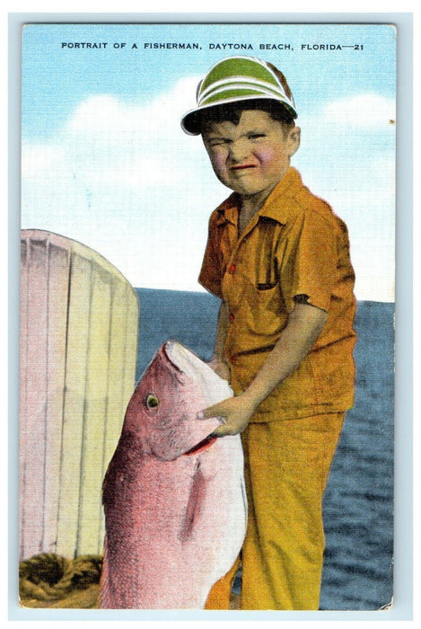 1940s Portrait of Fisherman Daytona Beach Florida FL Boy Catch Big Fish Postcard