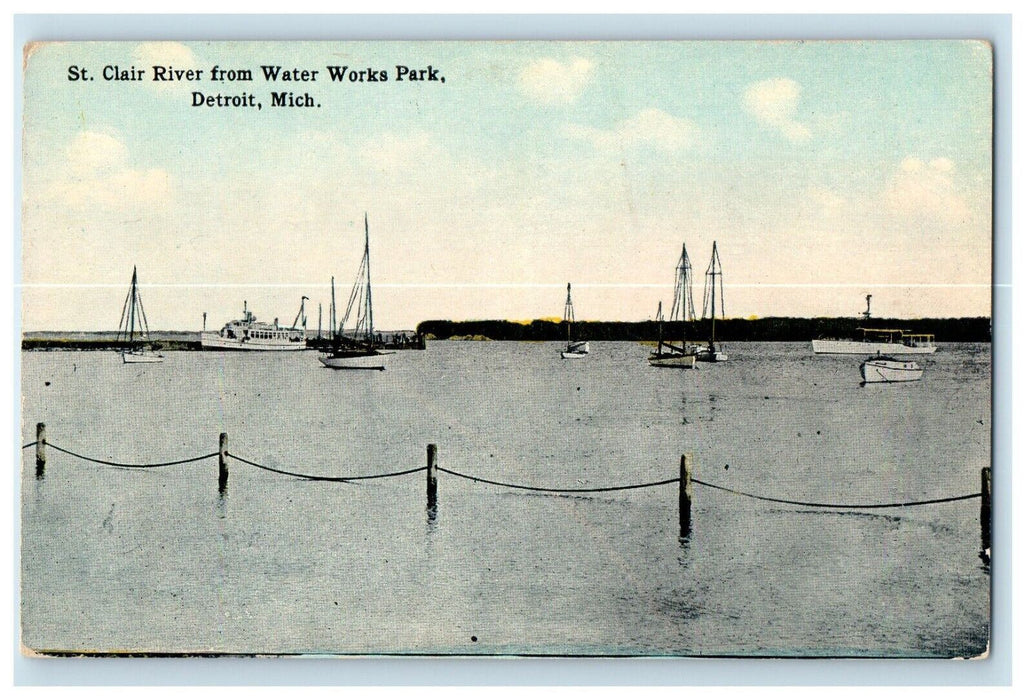 c1910's St. Clair River From Water Works Park Boats Detroit MI Antique Postcard