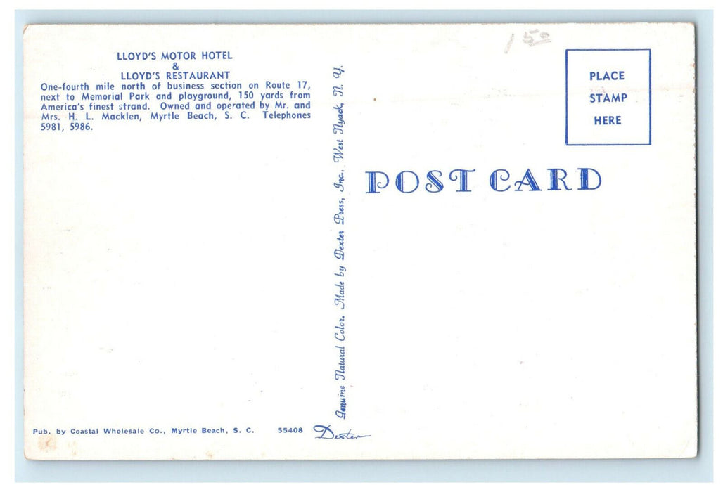 c1960s Lloyd's Motor Hotel & Restaurant, Myrtle Beach SC Unposted Postcard