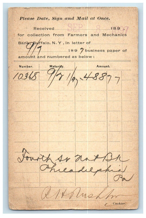 1897 Farmers And Mechanics Bank Collection Buffalo New York NY Postcard