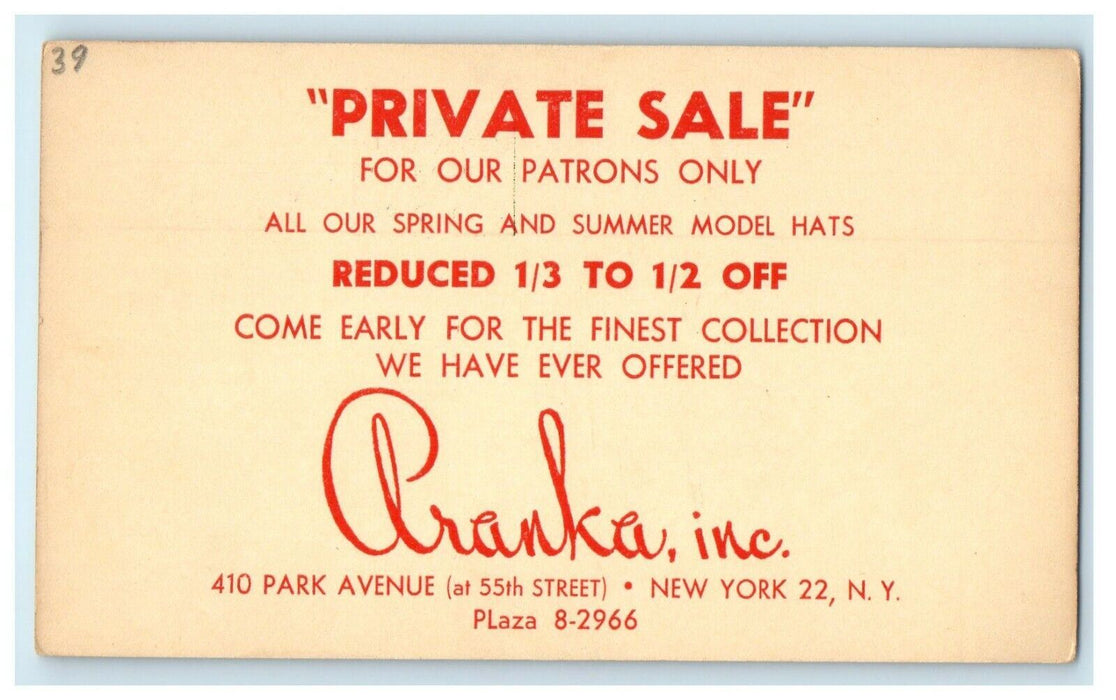 1953 Private Sale Finest Collection Pranka INC. New York NY Advertising Postcard