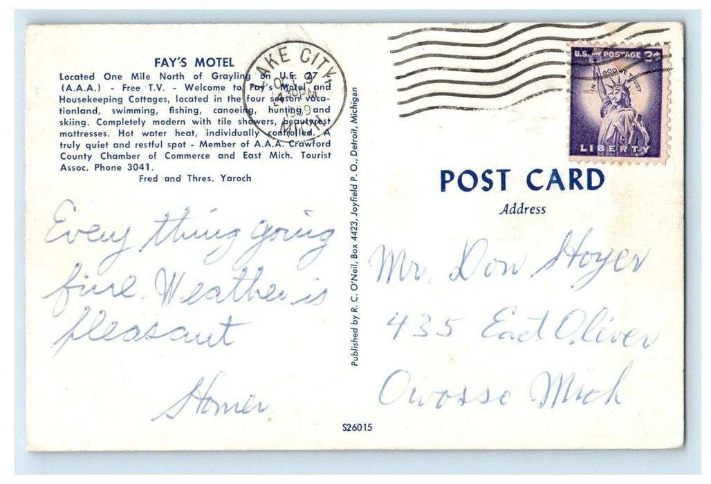 1952 Fay's Motel Roadside Grayling Michigan MI Posted Vintage Postcard