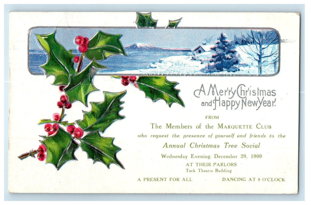 1909 Merry Christmas Happy New Year Marquette Club Buffalo NY, Embossed Postcard