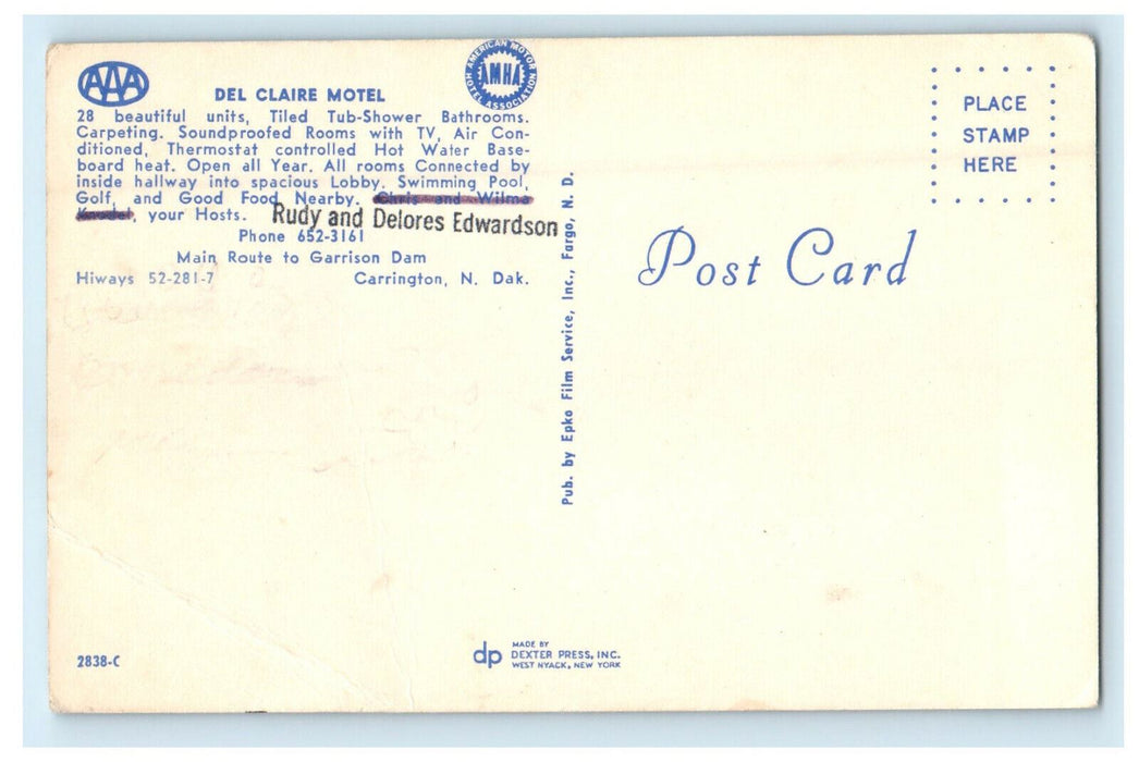 c1960s Del Claire Motel Carrington ND Rudy and Dolores Edwarson Stamp Postcard