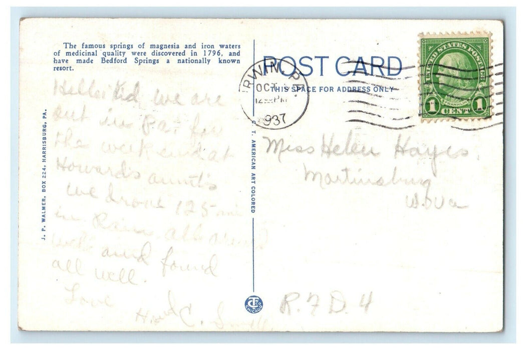 1937 Entrance To Bedford Springs Hotel Horseshoe Trail South Bedford PA Postcard