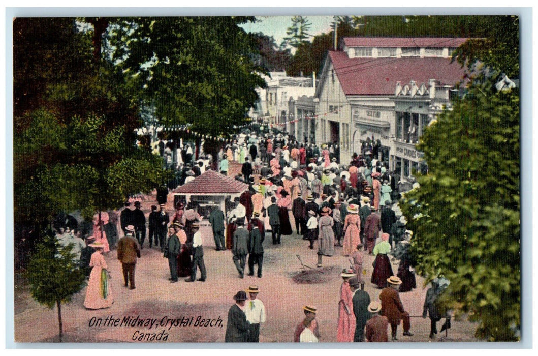 c1910 Crowd, Lighting Decor, Midway Crystal Beach Canada Antique Postcard