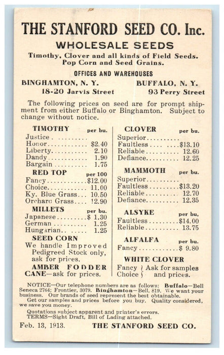 1913 The Stanford Seed Co. Inc. Wholesale Seeds Advertising Buffalo NY Postcard