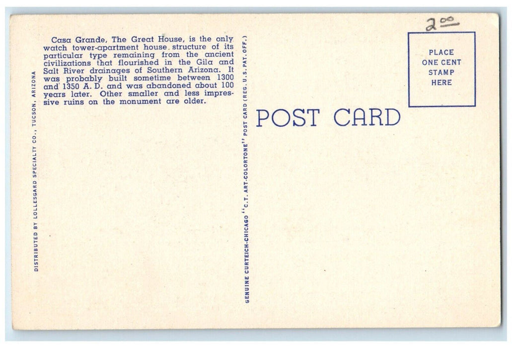 c1940's View Of Casa Grande Ruins Arizona AZ, The Great House Vintage Postcard