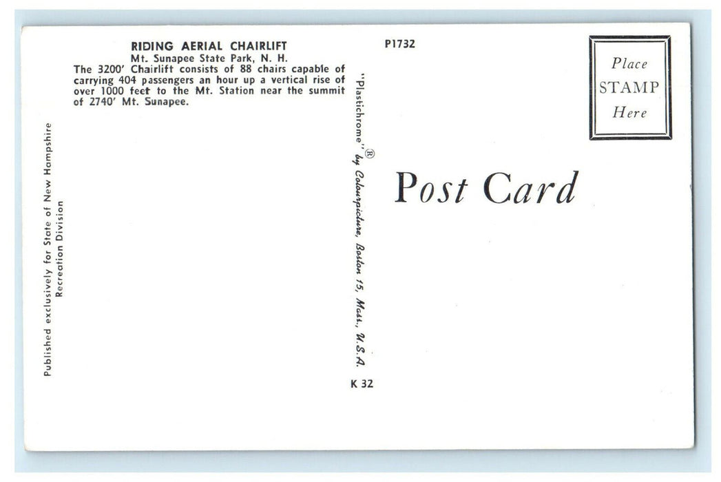 c1960s Riding Aerial Chairlfit Mt. Sunapee State Park New Hampshire NH Postcard