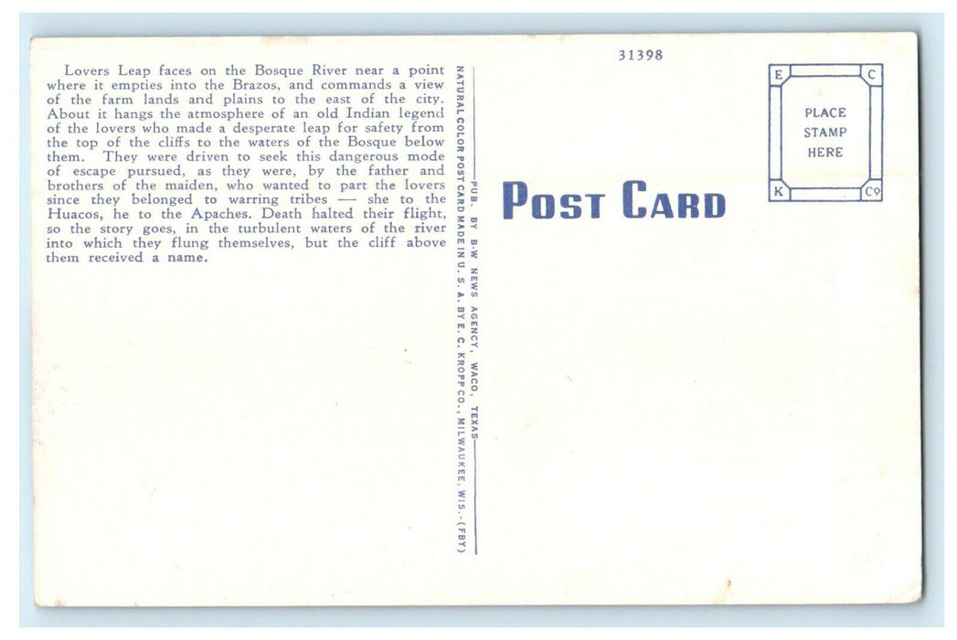 View Of Lovers Leap On The Bosque River Waco Texas TX Vintage  Postcard
