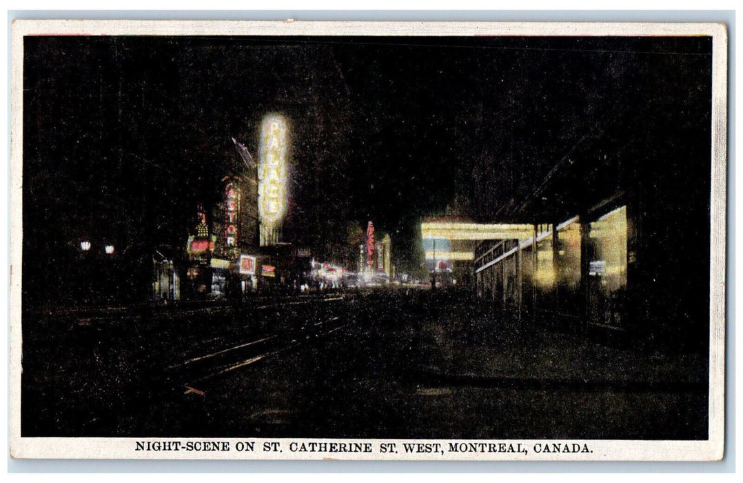 c1920's Night Scene on St. Catherine St. West Montreal Canada Postcard