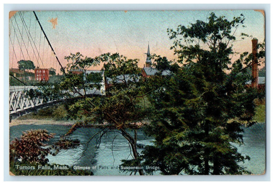 1912 Turners Falls Massachusetts MA, Glimpse Of Falls Suspension Bridge Postcard