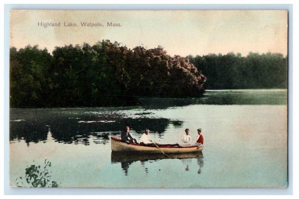 1908 Walpole Massachusetts MA, Highland Lake People Canoeing Antique Postcard