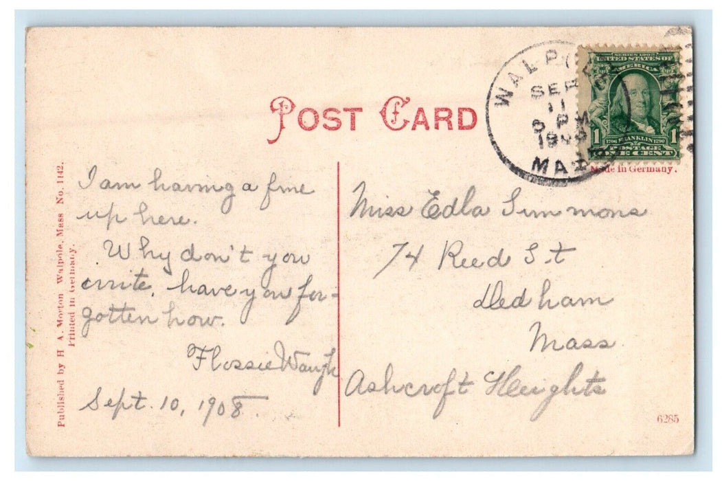 1908 Walpole Massachusetts MA, Highland Lake People Canoeing Antique Postcard