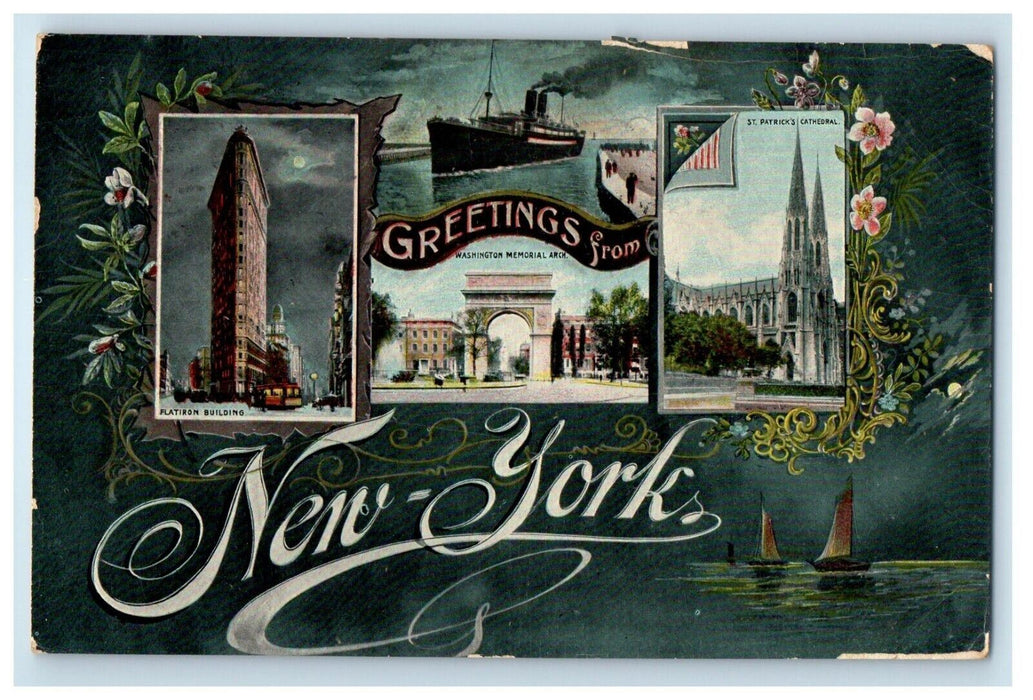 1907 Greetings From New York NY, Multiview Posted Antique Postcard