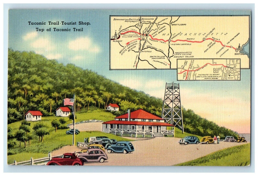 c1940's Top Of Taconic Trail Tourist Shop Cars Map Massachusetts MA Postcard