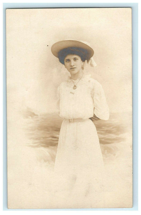 c1910 Victorian Woman Helen Atlantic City NJ Studio Portrait RPPC Photo Postcard
