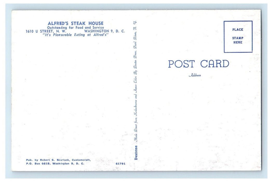 c1950's Alfred's Steak House Restaurant Washington 9 D.C Vintage Postcard