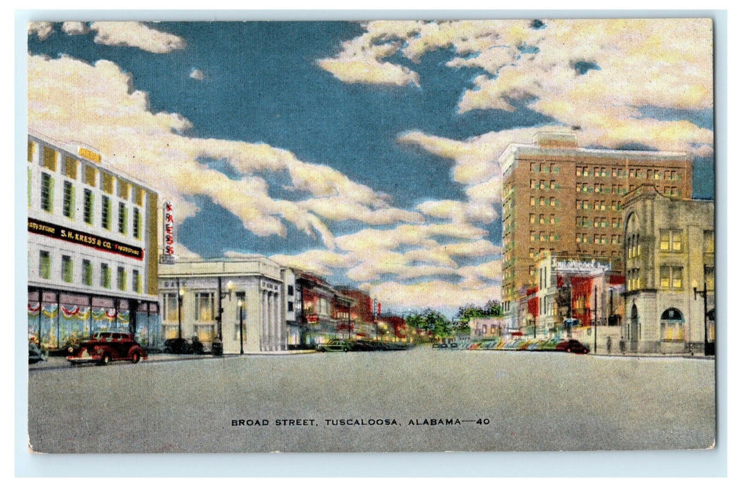 c1940's Broad Street Tuscaloosa Alabama AL Vintage Classic Cars Signs Postcard