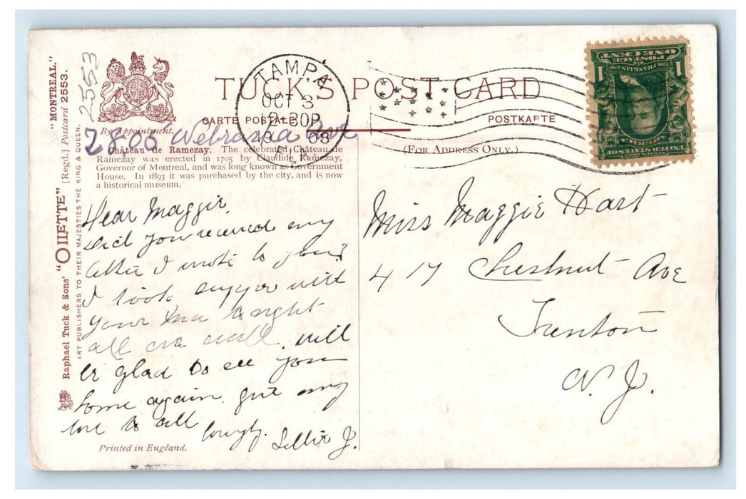 1908 Chateau De Ramezay Montreal Quebec Canada Oilette Tuck Posted Postcard