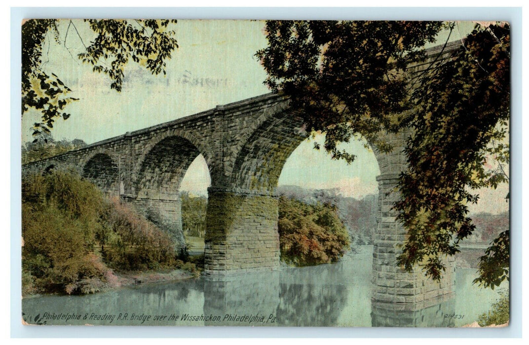 c1910 Philadelphia Reading Railroad Bridge Wissahickon PA #Q1 Stamp Postcard