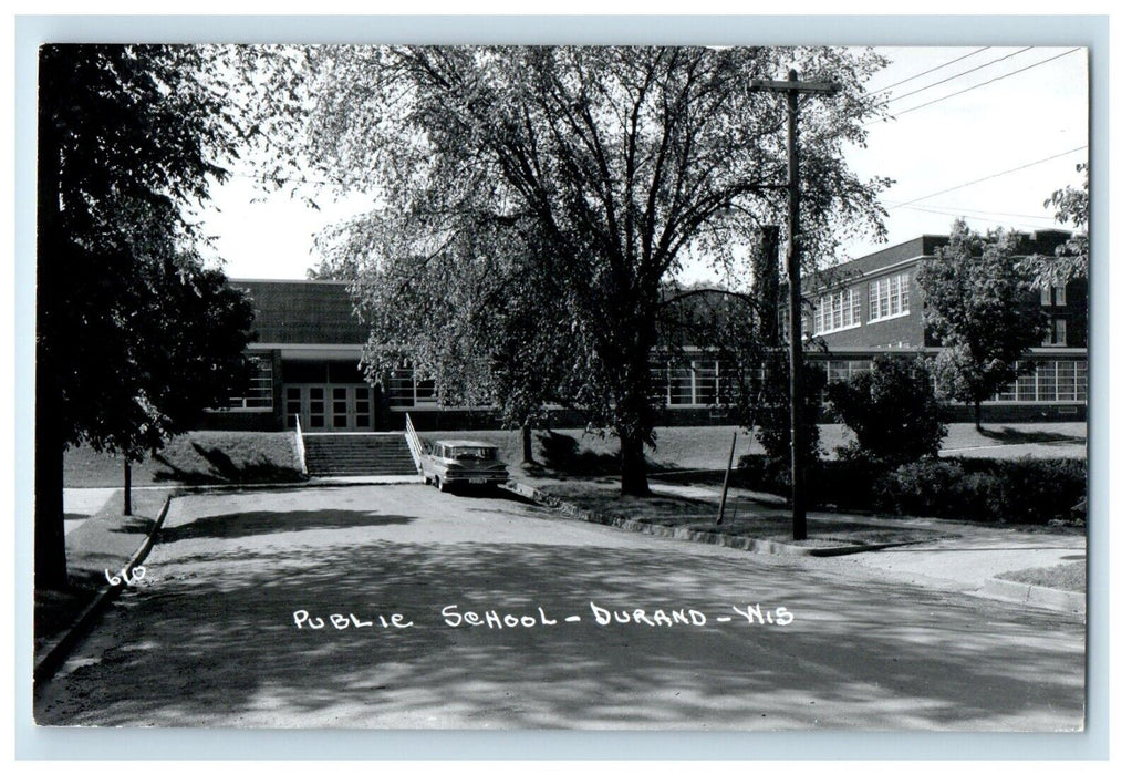c1950's Public School Car Front Building Durand Wisconsin WI RPPC Photo Postcard