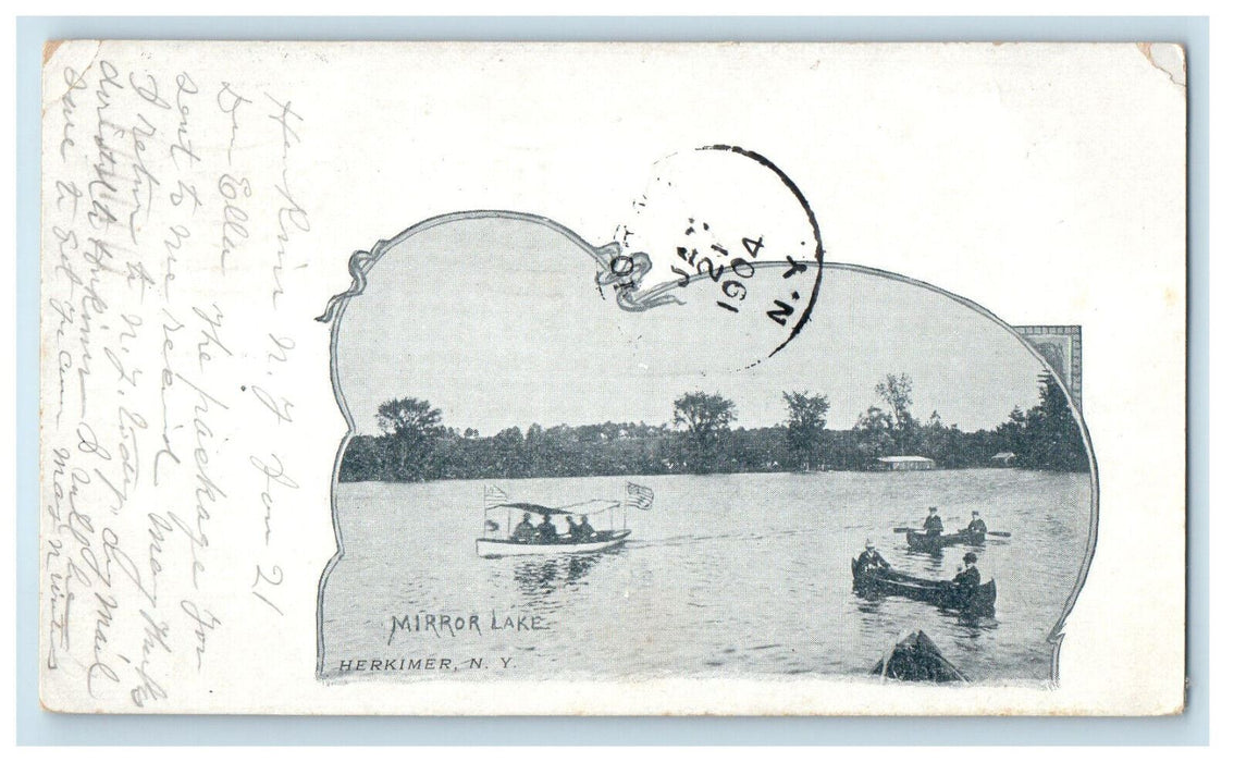 1904 Scene of Canoe Boats, Mirror Lake, Herkimer, New York NY SMC Postcard