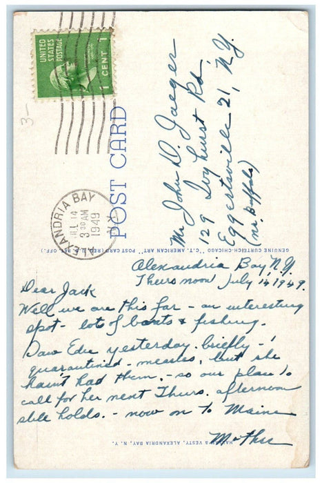 1949 Uncle Sam Thousand Island Boat Tours Inc. Alexandria Bay NY Posted Postcard