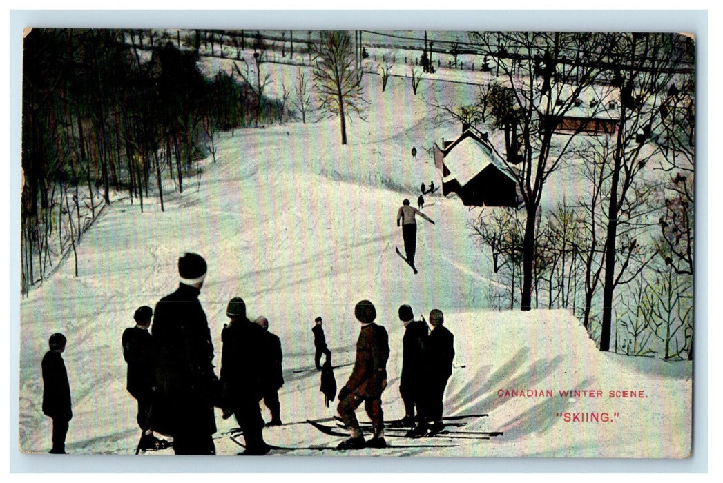 1912 Canadian Winter Scene "Skiing" Montreal Quebec Canada Postcard