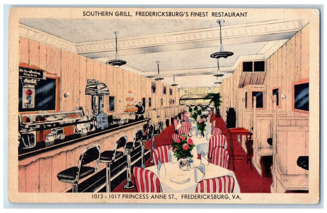 1939 Southern Grill Fredericksburg's Finest Restaurant Dining Room VA Postcard