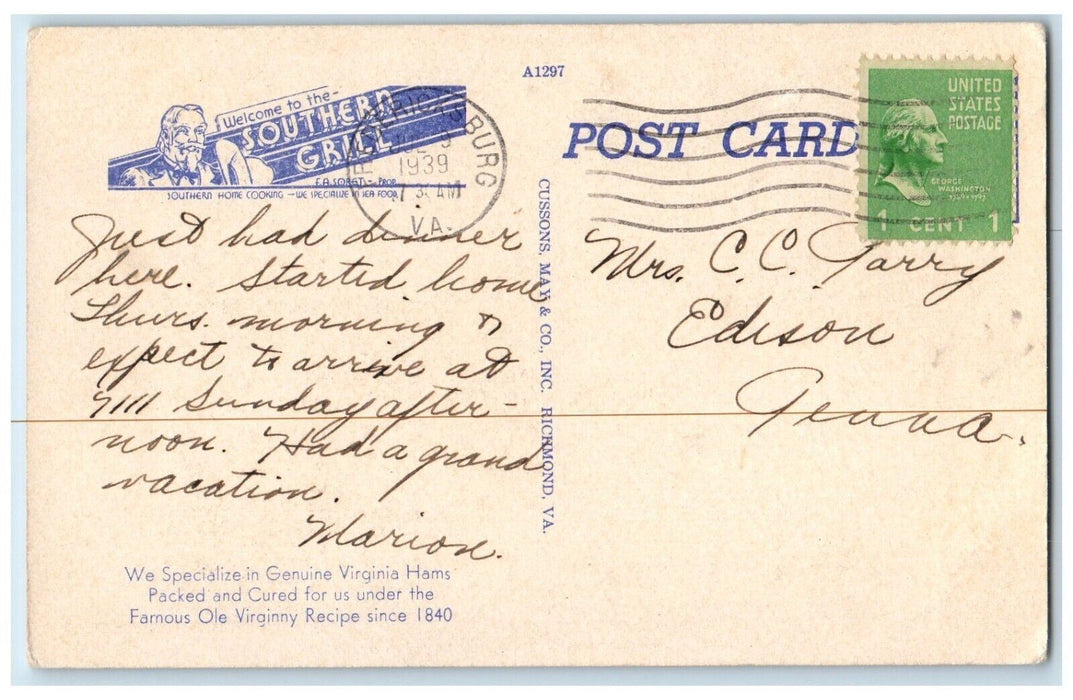 1939 Southern Grill Fredericksburg's Finest Restaurant Dining Room VA Postcard