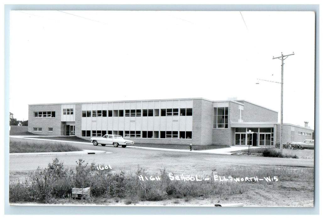 c1950's High School Building Car Ellsworth Wisconsin WI RPPC Photo Postcard