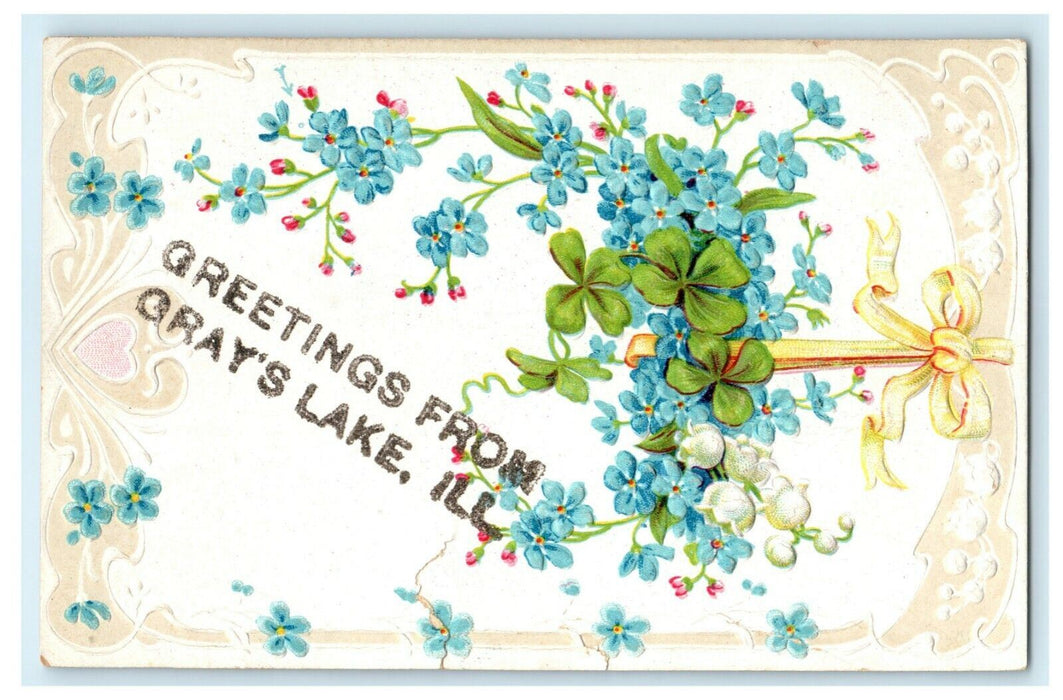 1907 Greetings From Gray's Lake Illinois IL Glitter Embossed Flowers Postcard