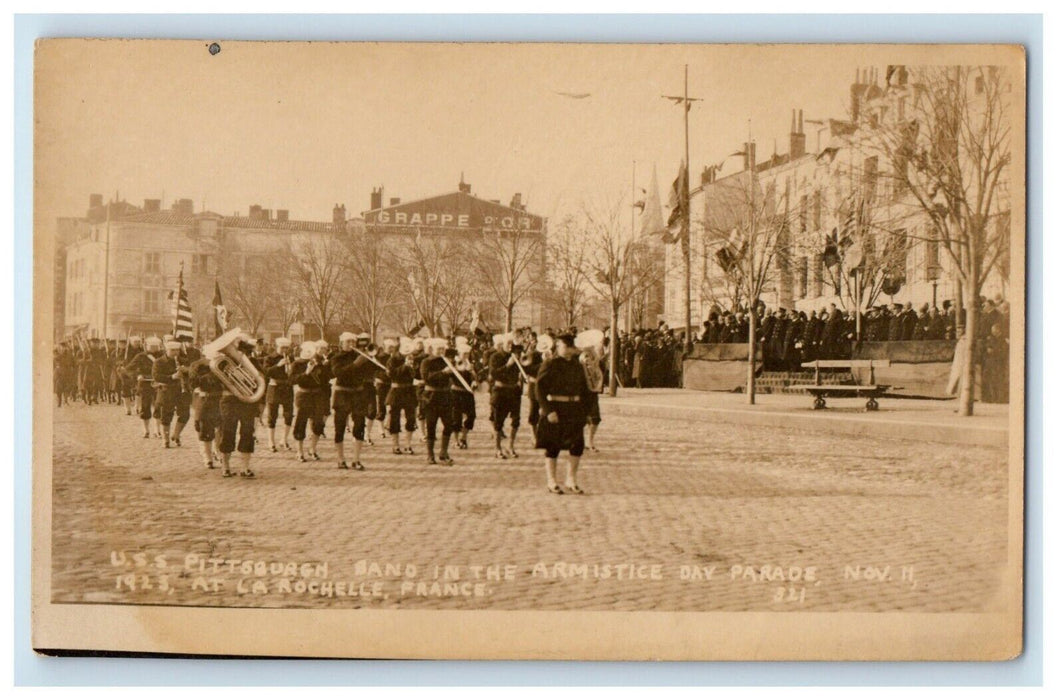 USS Pittsburgh Band Armistice Day Parade La Rochelle France RPPC Photo Postcard