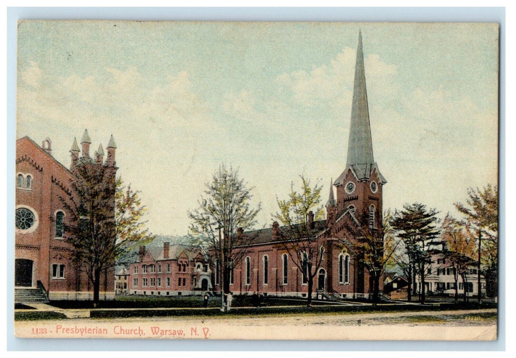 1909 Presbyterian Church Street View Warsaw New York NY Antique Postcard