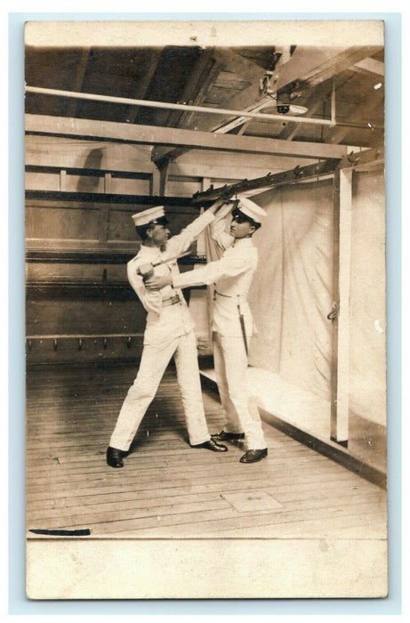 c1910's Two Twins Military Knife Fight Onboard Ship RPPC Photo Postcard