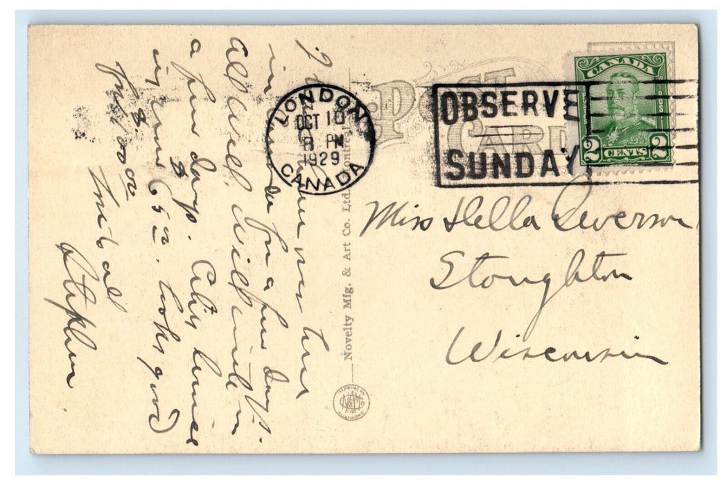 1929 Hotel London, London Ontario Canada CA Posted Cancel Postcard